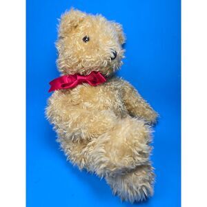 Vintage Ty Classic Teddy Bear Plush 1991 Tan Curly Shaggy Fur Red Satin Bow 16"
